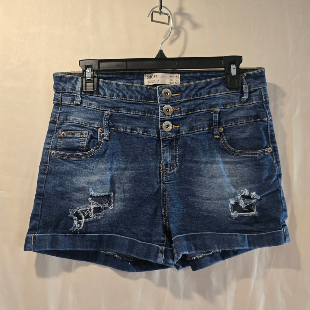 Cotton On Denim Shorts Distressed Ripped High Rise Button Fly Blue Women's 10